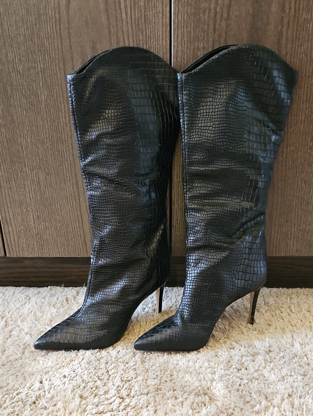 SCHUTZ Black Croc Skin Leather Up-to-the-Knee Pointed Toe Boots w Storage Bag